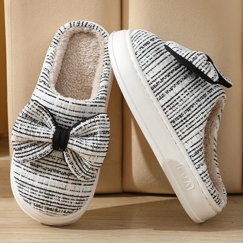 Lucyever милые хлопковые тапочки с бантом женские зимние домашние сохраняющие тепло — фото 5