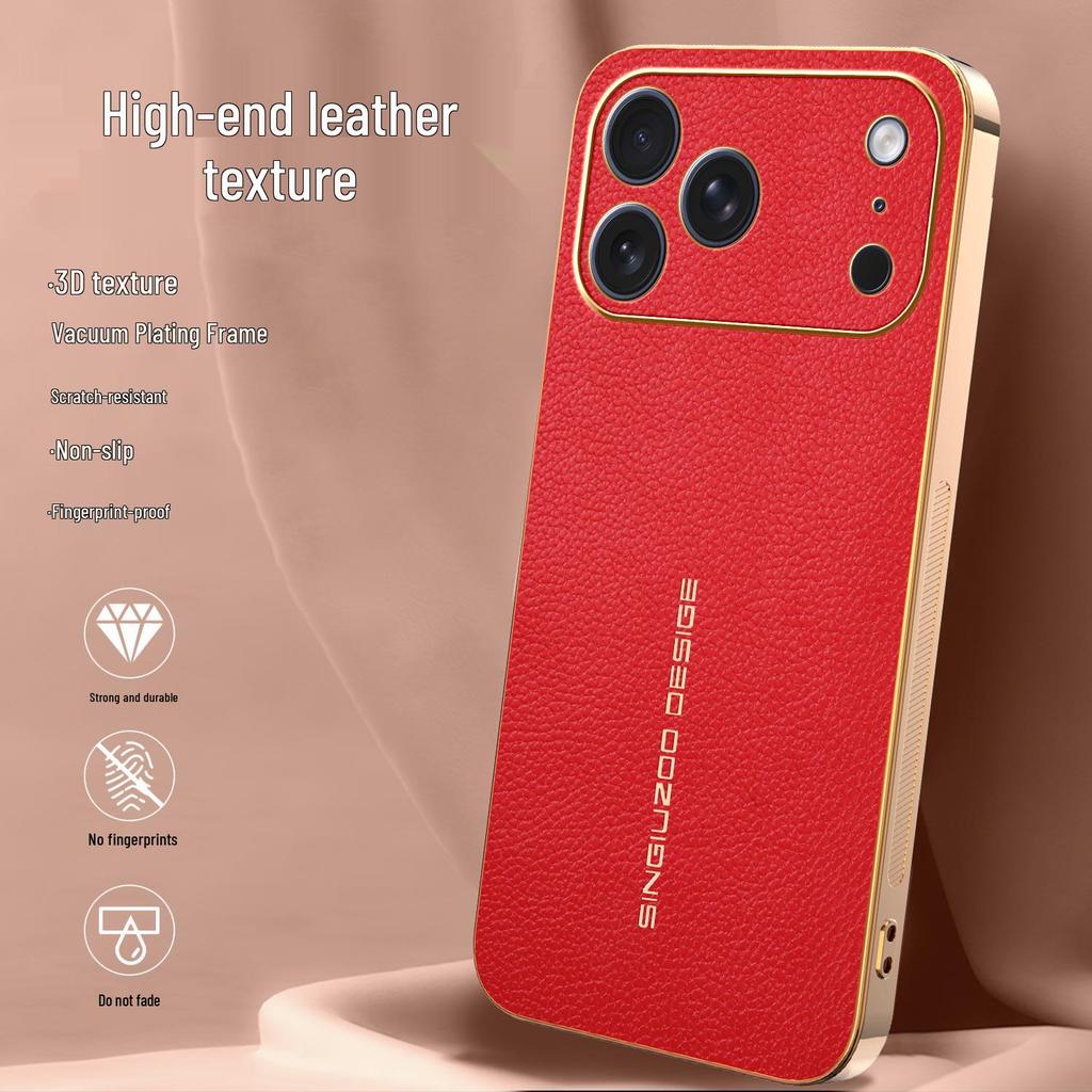 Apple 17 Pro Max Lychee Pattern Electroplated Drop-Proof Case for iPhone 16 Pro, 15, 14