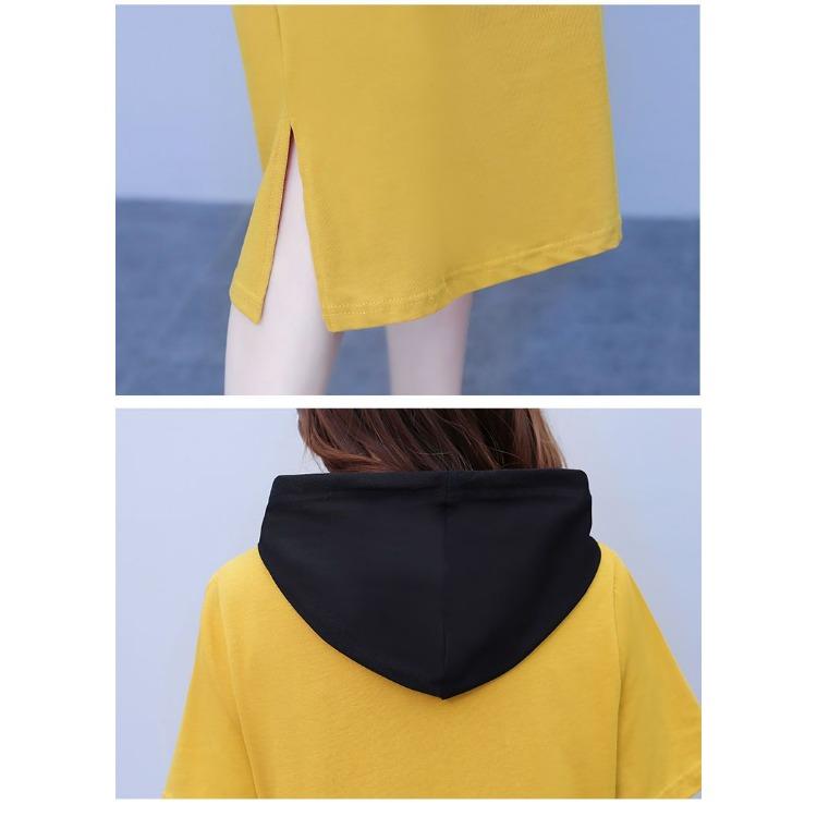 Summer Women Hooded Dress Long Loose Fit Casual Slimming Elegant Youthful Knee Length Short Sleeve