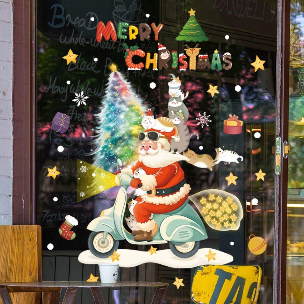 Cartoon Shopwindow Decals Santa Clause Reindeer Xmas Tree Sticker  Festival