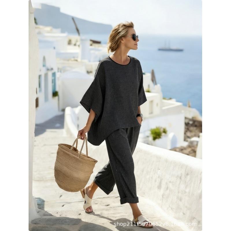 11161D printed bohemian round neck casual suit women's short-sleeved trousers two-piece set