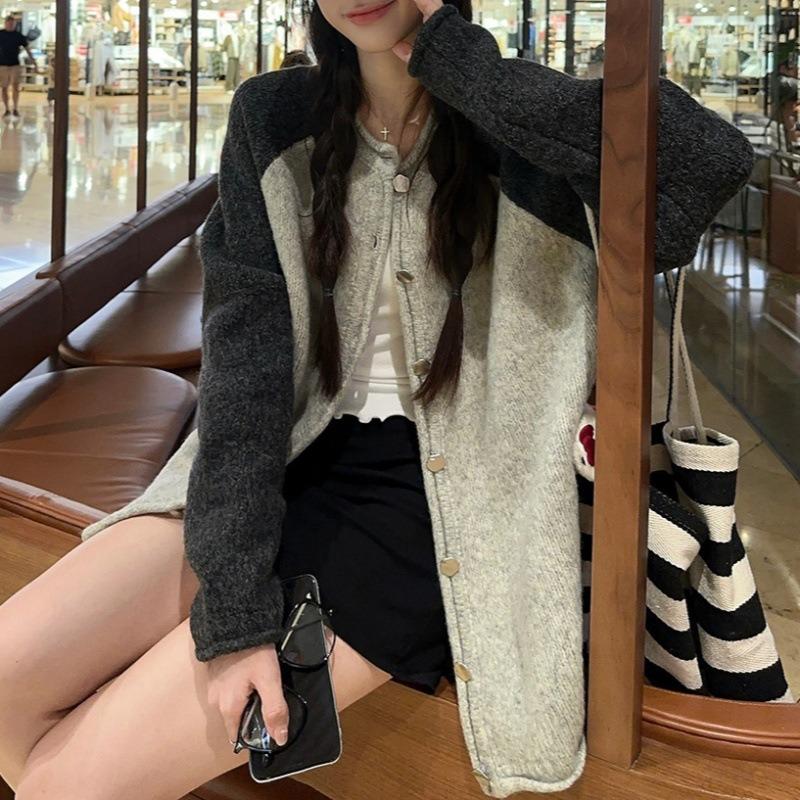 Lazy Wind Gray Long-sleeved Cardigan Sweater Women's Autumn New Splicing Contrasting Color Knitted Sweater Top Coat