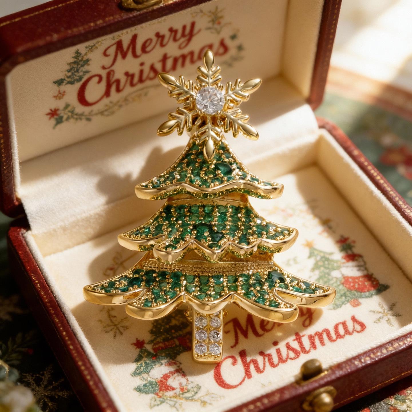 Bo Xin Yun Snowflake Christmas Brooch: Gold & Green Rhinestone Winter Corsage Ornament