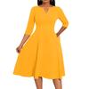 Women's A-Line Fit & Flare Skirt 3/4 Sleeves V-Neck Solid Color Cocktail Wedding Guest Overalls With Pockets Dress