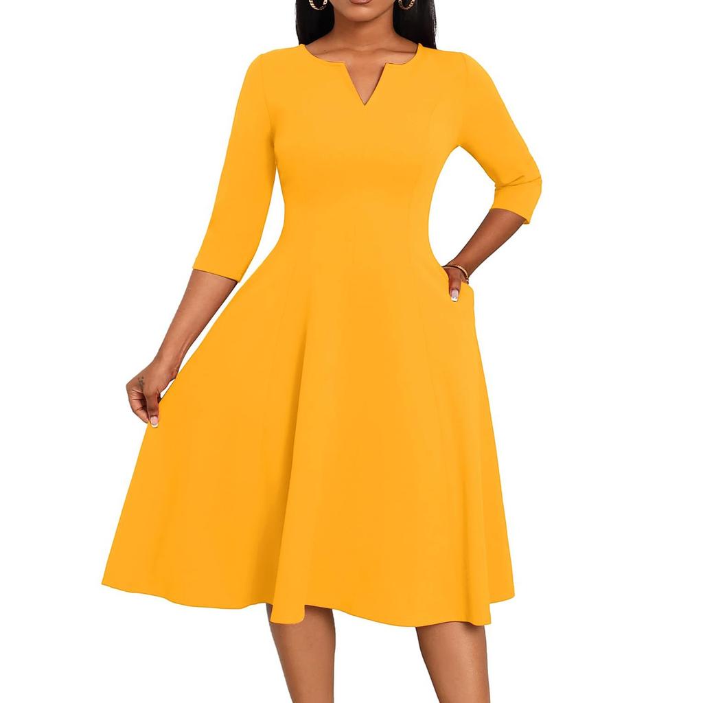 Women's A-Line Fit & Flare Skirt 3/4 Sleeves V-Neck Solid Color Cocktail Wedding Guest Overalls With Pockets Dress