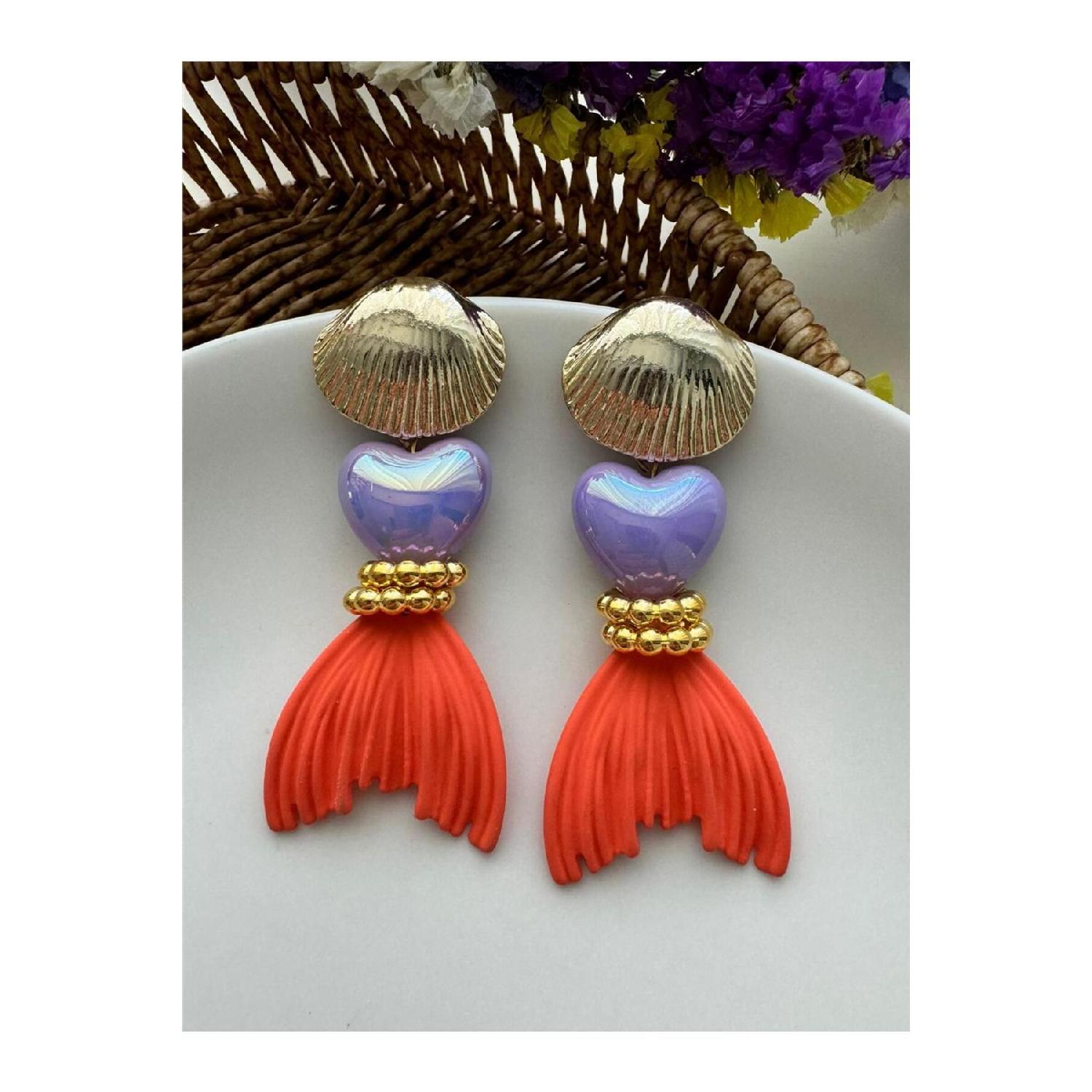 

Сережки з помаранчевим риб ячим хвостом і бузковим сердечком помаранчевий