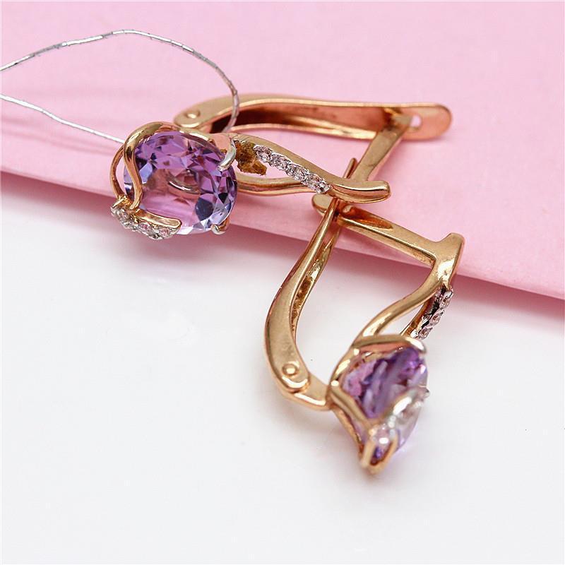 Exquisite Russian Purple Gold Classic Inlaid With Purple Gemstones, Shiny Women'S Rose Gold-Plated Drop-Shaped Earrings For Women