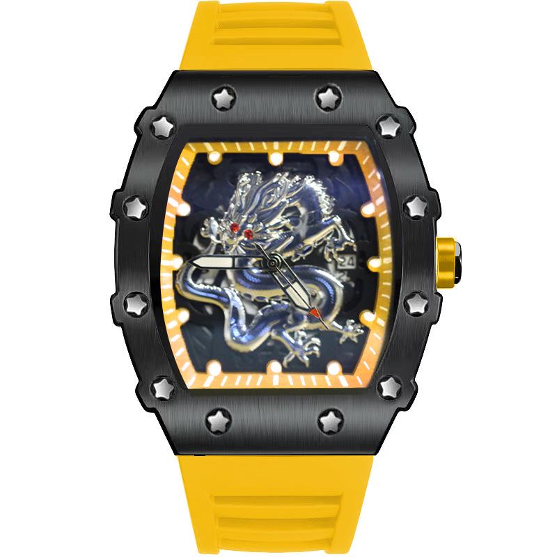 2024 Herren Tonneau Silber Drache Quarz Uhr: Lässig, Sportlich, Leuchtend, Wasserdicht, Vollautomatisch.