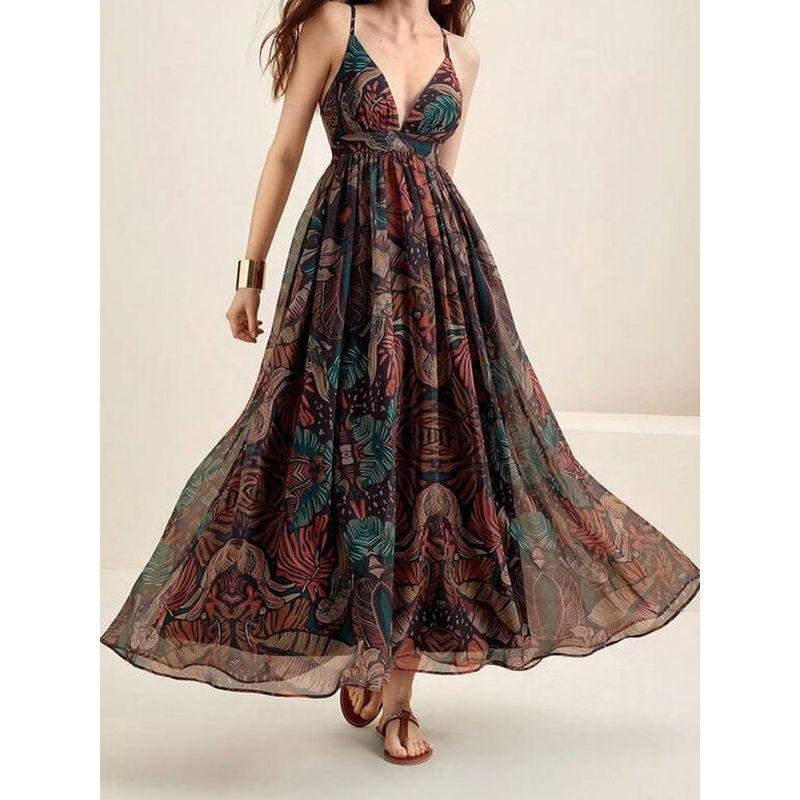 Foreign Trade Order Lu's Exquisite Chiffon Swing Skirt Waist-Slimming Slimming Dress Sling V-neck Formal Dress Print Long Dress