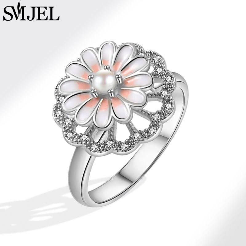SMJEL Luxury Crystal Anxiety Relief Spinning Fidget Rings for Women Cute Sakura Daisy Rose Flower Rotating Ring Anti Stress Gift