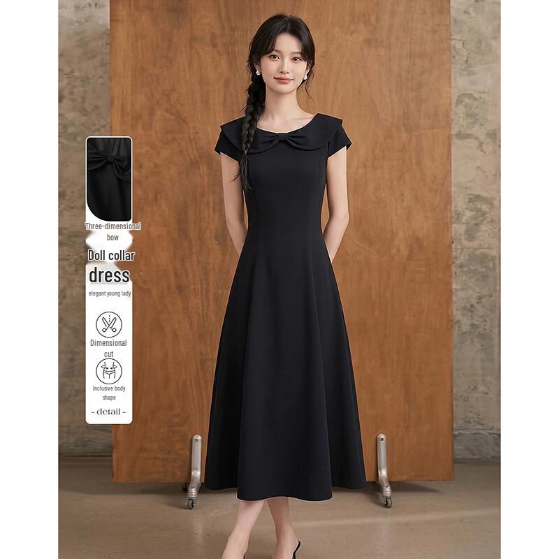 Elegant Bowknot Doll Collar Short Sleeve Midi Dress XL