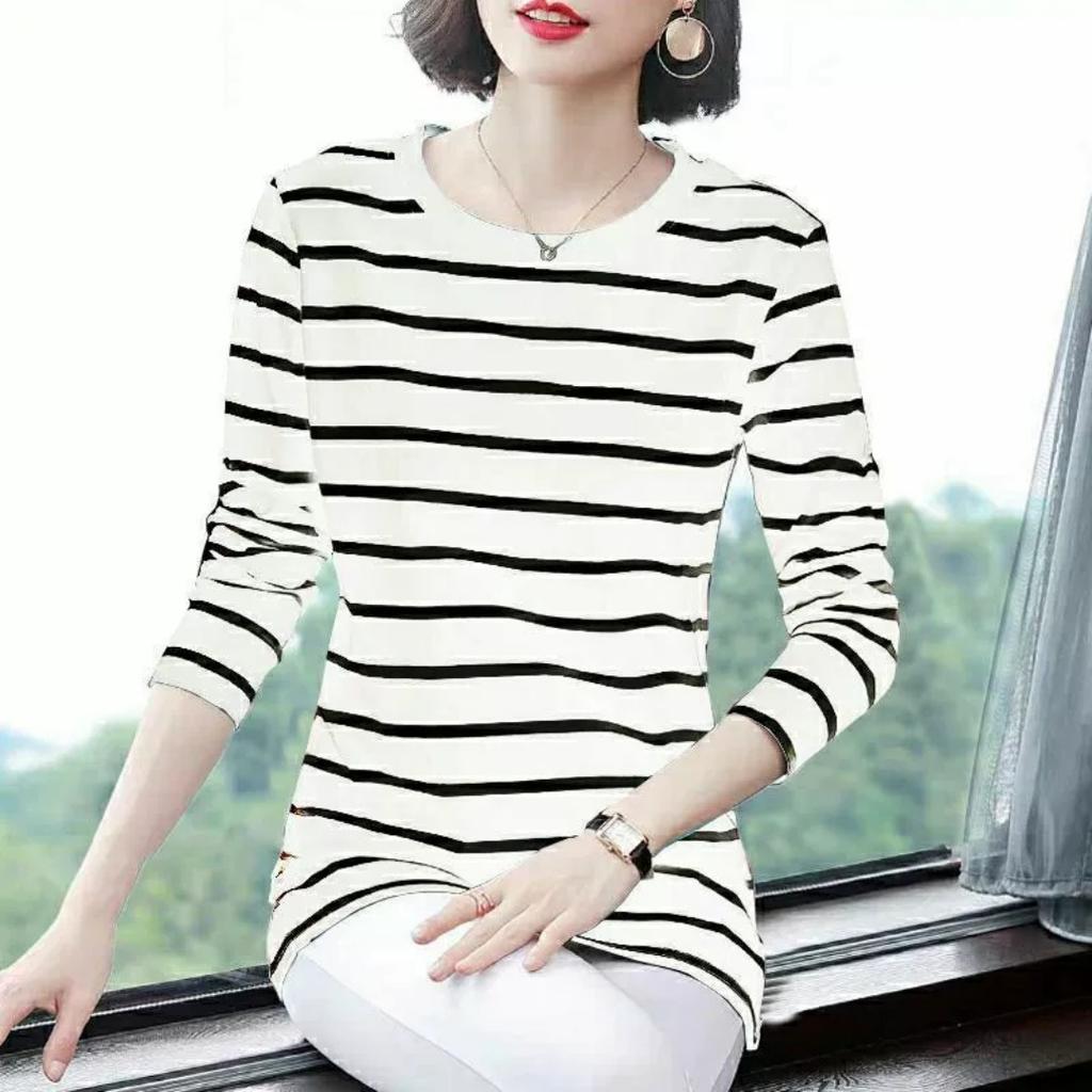 Spring Round Neck Long-sleeved Striped Shirt Women's Fashion Mid-length Ladies Blouse Bottoming Shirt