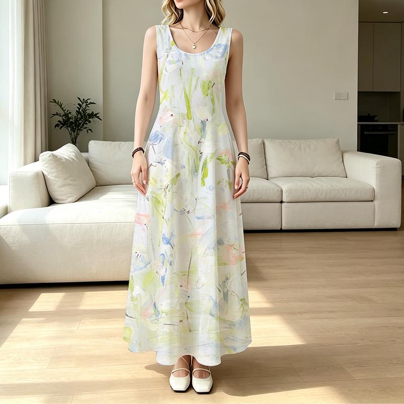 Women's Sleeveless Crew Neck Maxi Dress, Floral Print, A-Line, Polyester, Casual Summer Vacation