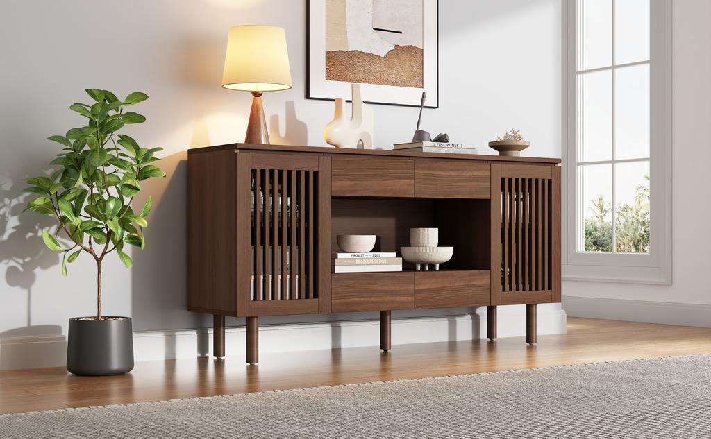 140×35×71cm MDF, Side Cabinet, Living Room Sideboard with 4 Drawers & 2 Slatted Doors, 5 Solid Wood Legs, up to 70kg Load Capacity, Walnut Colour