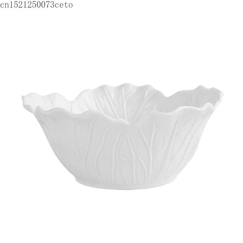 Nordic Luxury Flower Ceramic Bowl Pure White Creative Cabbage Relief Tableware Fruit and Vegetable Salad Bowl, Large Soup Bowl