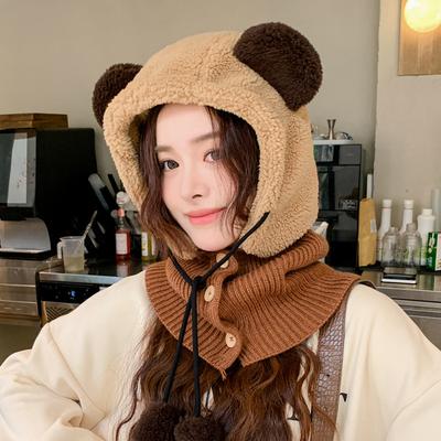 Autumn and Winter Hat Female Cute Hat Scarf Integrated Winter Warm Thickened Velvet Ear Hat