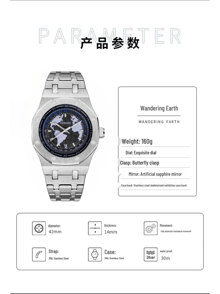 Jordinspirerad Automatisk Självlysande Herrskelettklocka med Kalender & Vattentät Design