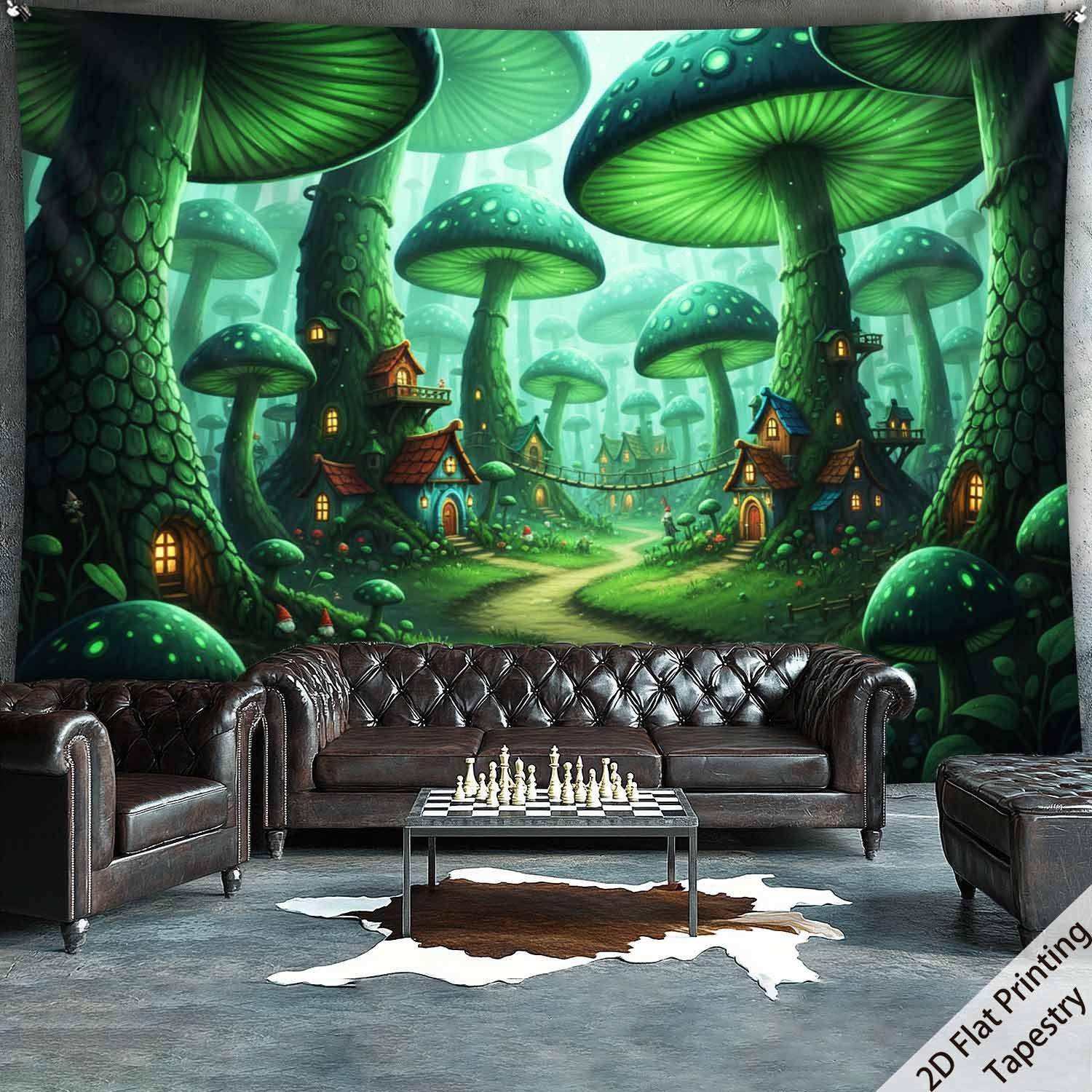 Fantasy Mushroom Forest Tapestry Fairy Tale Elf Village Wall Carpet Mushroom Forest Dwarf Hut Art Hanging Cloth 100X70CM
