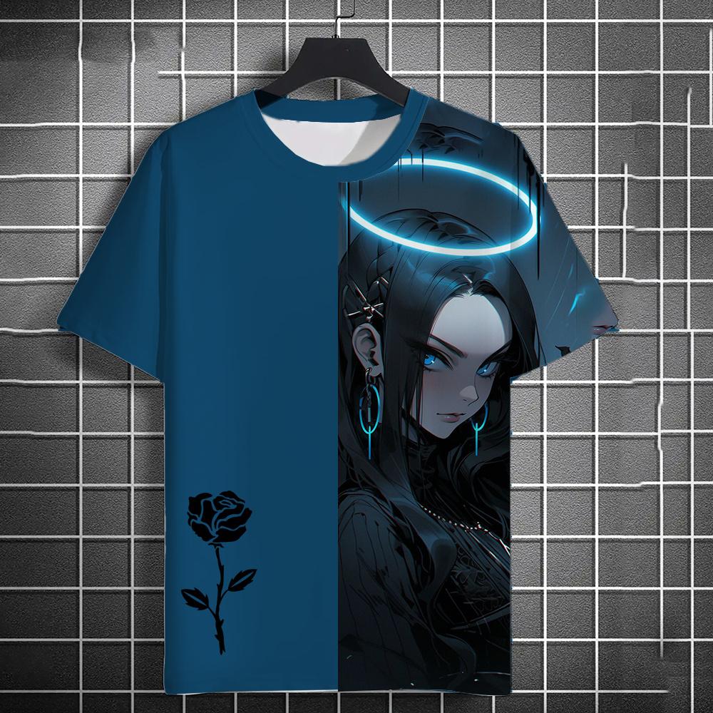 Summer Anime Girls Rose 3D Print T-Shirts Streetwear Men Fashion Oversized O-Neck Short Sleeved T Shirt Tees Tops Clothing