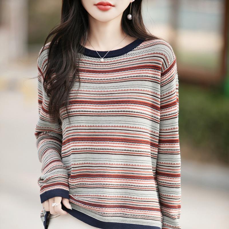 

Retro Striped Color Block Knitted Sweater for Women – Loose Fit Vertical Wool Top (Autumn/Winter 2025) S красный