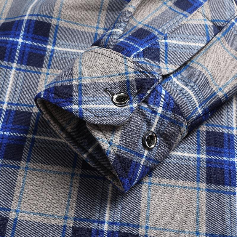 Men Fleece Lined Thick Warm Plaid Long Sleeve Stand Collar Casual Business Shirt