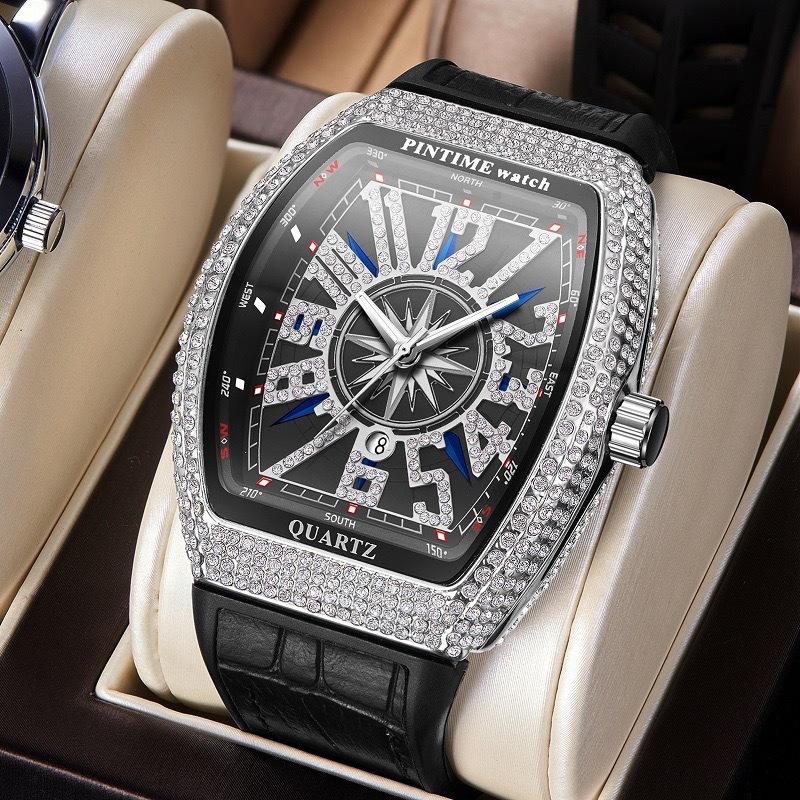 Fashion Accessorie Men's Black/Silver Pintime Watch Wine Barrel Watch Simple Watch Belt Yacht With Diamonds, Retro Quartz Hand