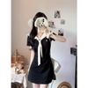 Summer new design sense age reduction waist thin skirt French sweet college style navy collar dress women