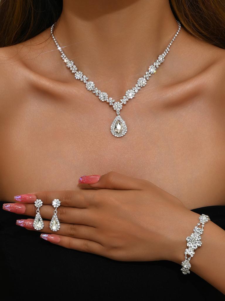 Luxury Crystal Teardrop Jewelry Set for Women Necklace Earrings Bracelet Ring 4 Piece Elegant Fashion Gift