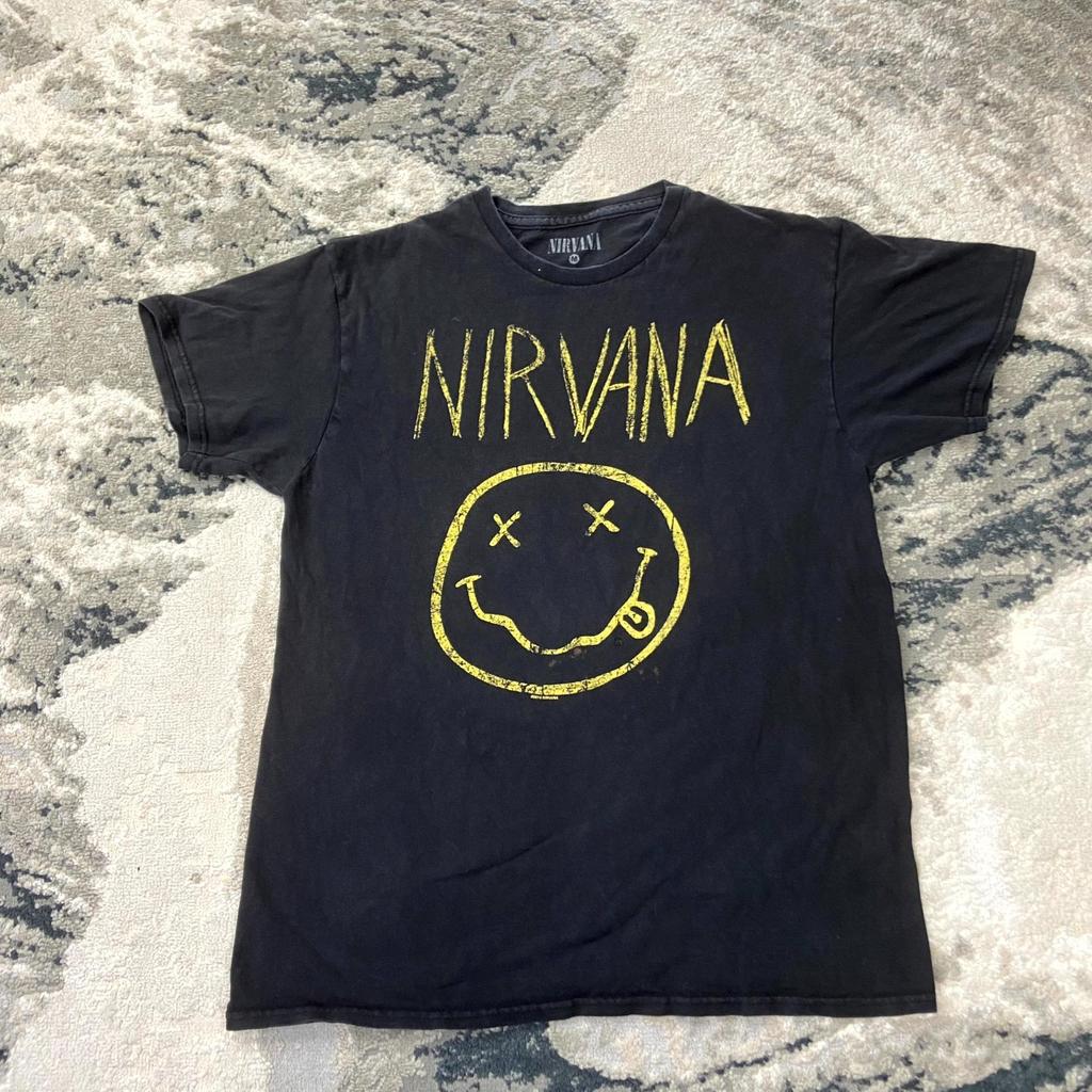 Nirvana Grunge Vintage Y2K Qunisex T-Shirt Sz M Black Smiley Face Grunge Rock Music