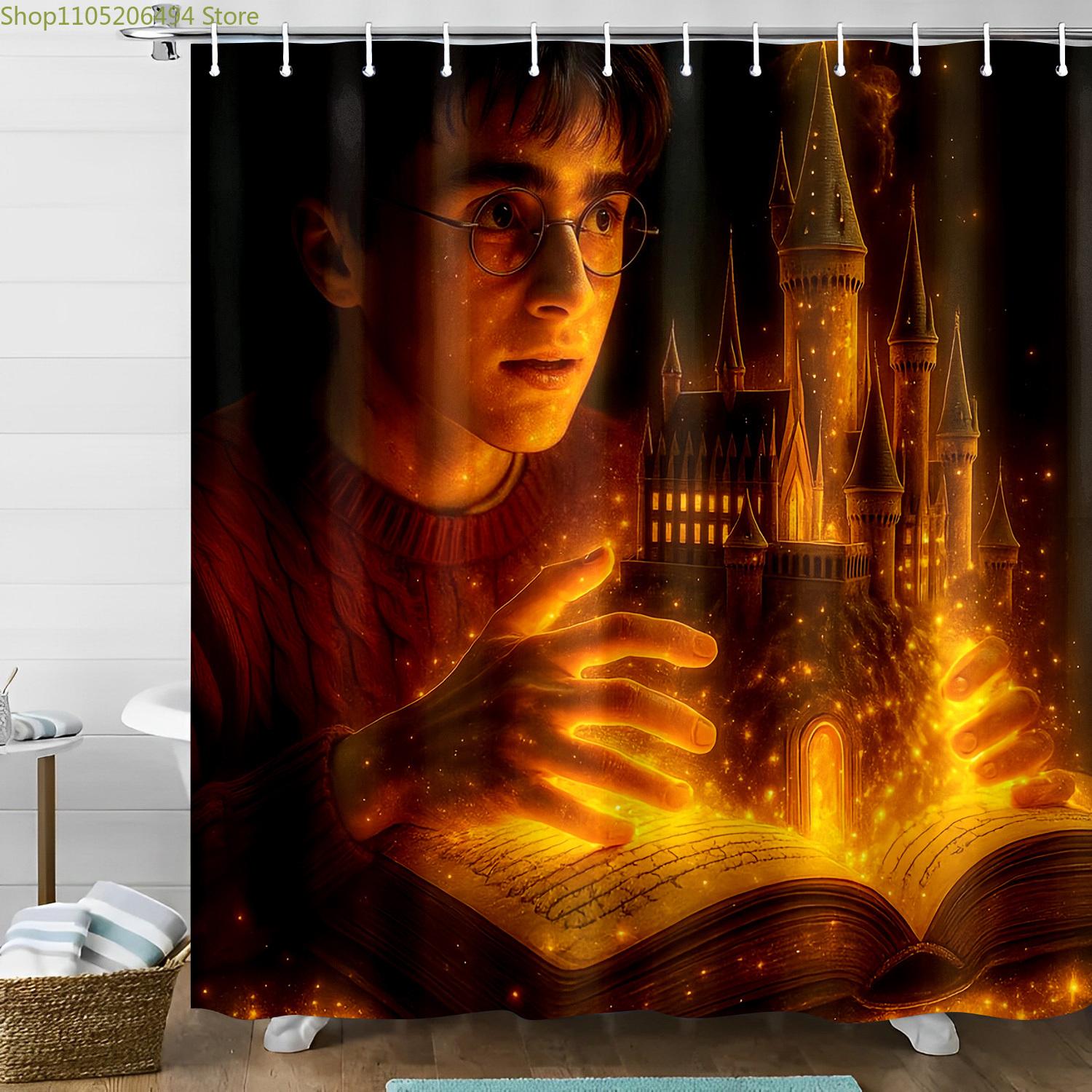 

Shower Curtain Featuring a Magical Castle Inspired by Warner Bros, Perfect for a Wizarding World Themed Bathroom. A Great Vale 90x180cm