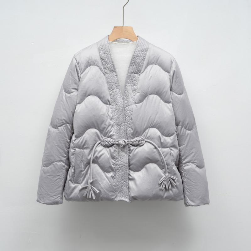 Down Jacket New National Standard 90 Down Casual Autumn and Winter Satin Simple Solid Color V-neck Loose Coat