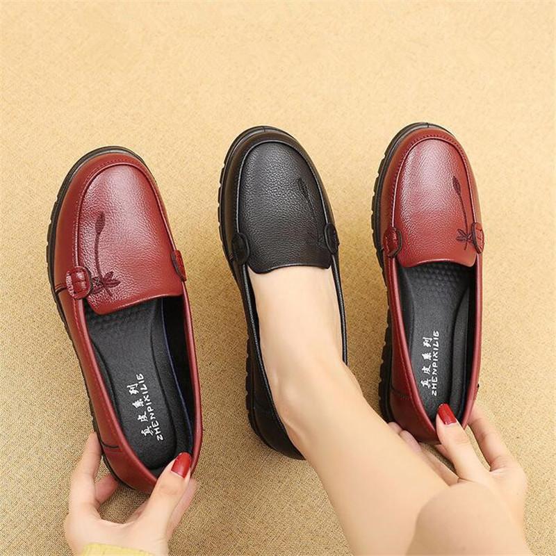 Fashion Spring Soft Soled Mother Black Single Shoes Genuine Leather Non-slip Casual Comfortable Middle-aged Ladies Flat Shoes Women Shoe