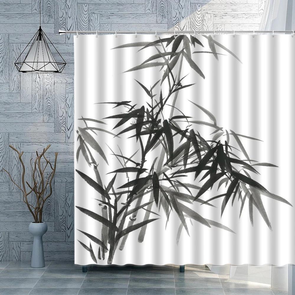 Bamboo Shower Curtain Plant Ink Painting Bathroom Curtain PolyesterFabric White Background Home Decoration With Hook Bath Decor