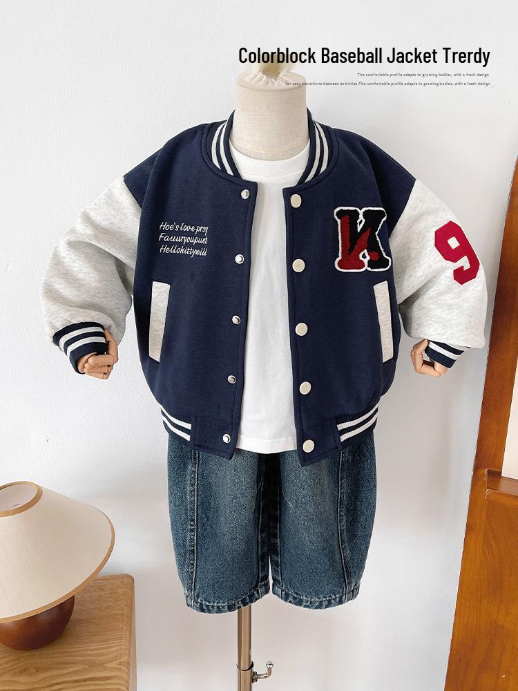 Xianao 2025 Kids' Korean Style Color-Block Letter Baseball Jacket