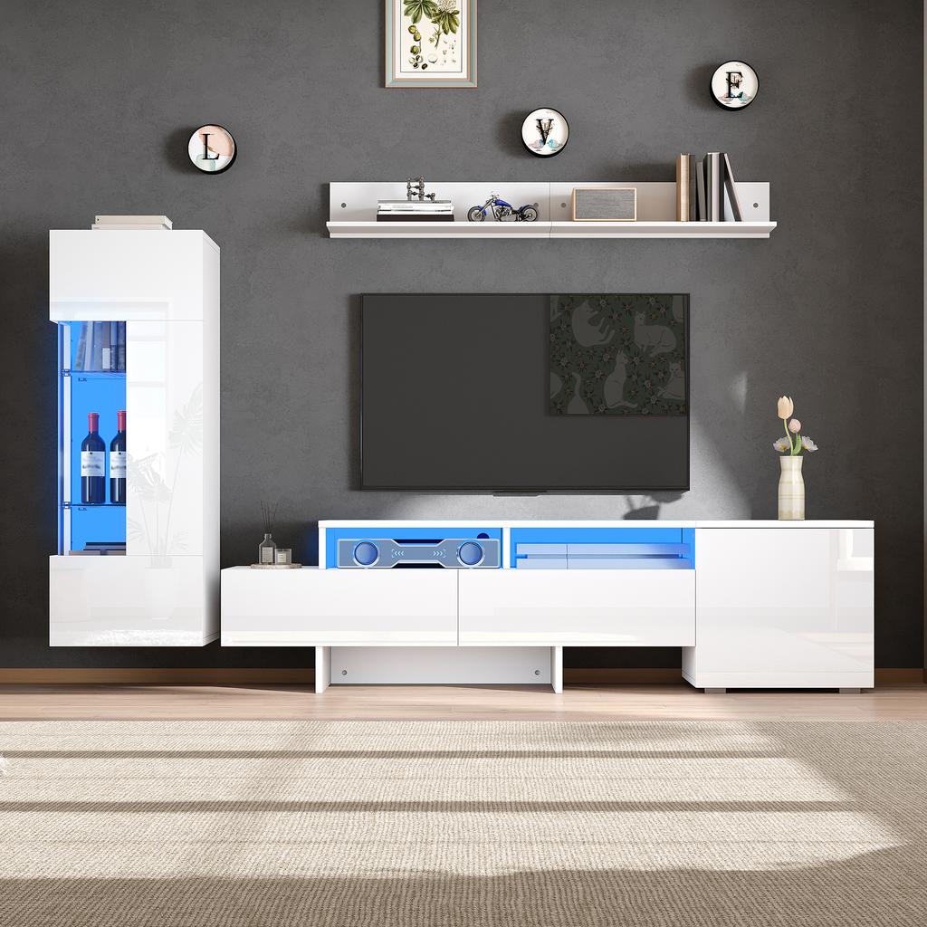 TV-Wandmöbel Set 3-teilig, Hochglanz, Moderner Schrank mit LED, Freistehend und Wandmontage, Acryltüren, Glasabtrennung, Weiß, TV bis 70'