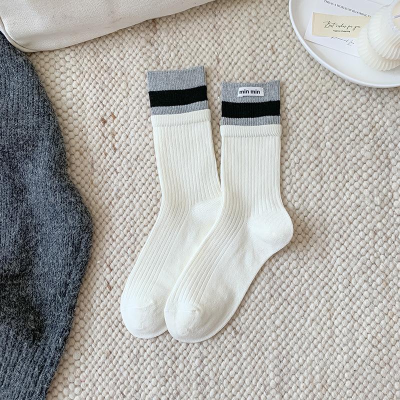 Female Autumn New Letter Cloth Label Double Collar Matching Color Stripe Boneless Tube Stack Socks
