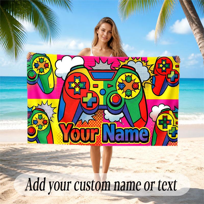 Game Controller Theme Beach Towel Personalized Custom Name & Text Soft Quick Dry Beach Towel for Swimming Travel