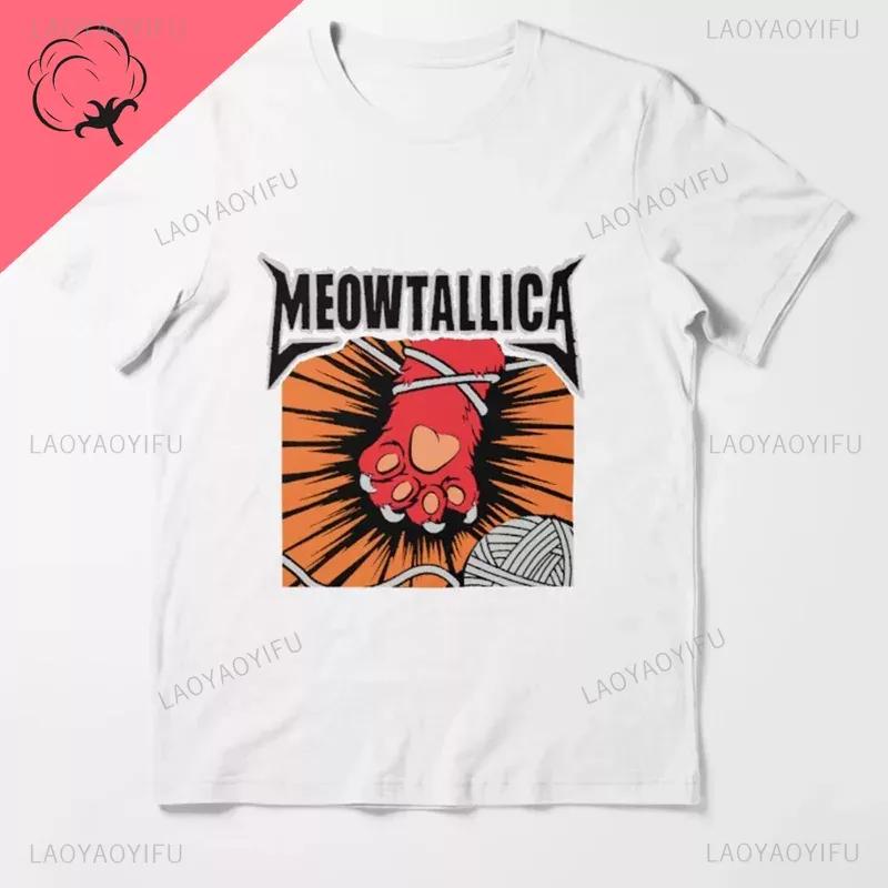 Funny Cat Meowtallica Cat Rock Music Print T-Shirts Rock Music Men Tops Fashion Oversized Tee Comfortable Unsiex Couple Wears
