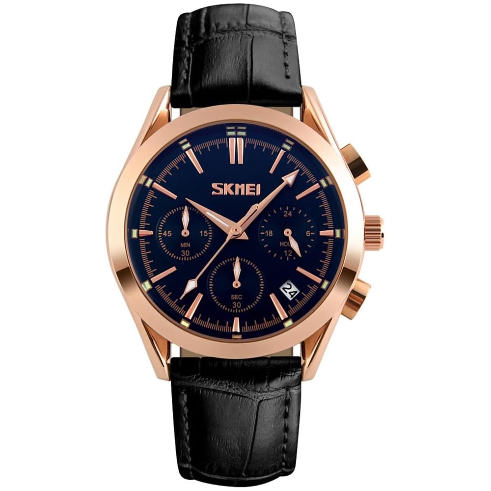Men s Analog Chronograph Watch Black Leather Band Waterproof Stylish Casual Business