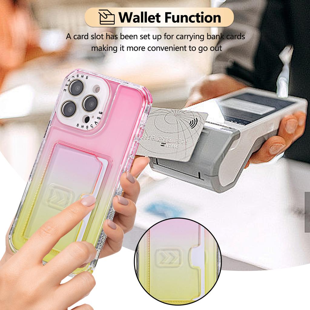 For iPhone 16 Pro Case Card Holder Gradient Color PC+TPU Anti Drop Phone Back Cover with Lens Film