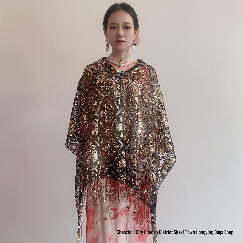 Luxuriöses Pailletten- und Quasten-Qipao-Schal-Umhang für Hochzeiten und Abendveranstaltungen