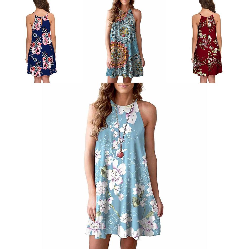 Elegant Women Fashion Splicing Color Print Hanging Neck Hem Mini Dress In Premium Quality Materials
