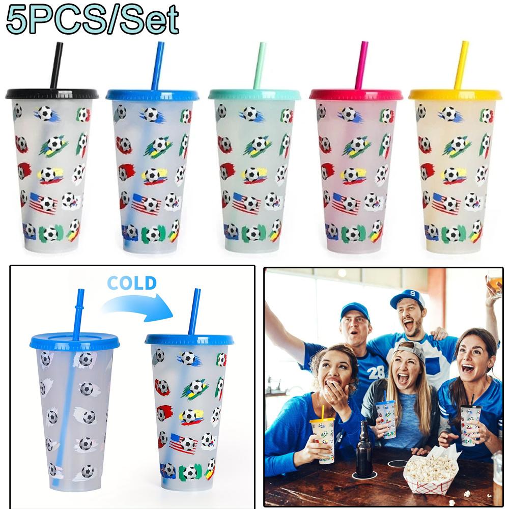 Soccer Cup Temperature-sensitive Cold Color-changing Straw Cup Single Layer Color-changing Cup Summer Drinkware 5PCS 710ml