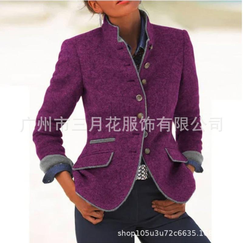 PEYWOW Jaquetas e casacos femininos vintage casual cor sólida estampa outono inverno manga comprida gola polo