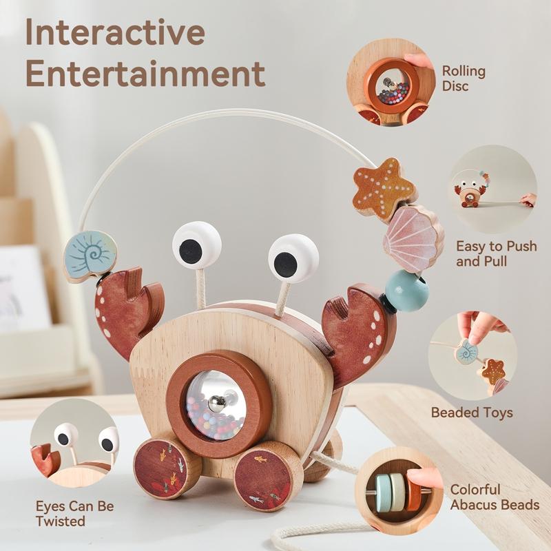 Baby Toy Wooden Cartoon Crab Rattle Hand-pushed Wooden Cars Children's Toy  Finger Fine Motion Car Educational Toy for Children