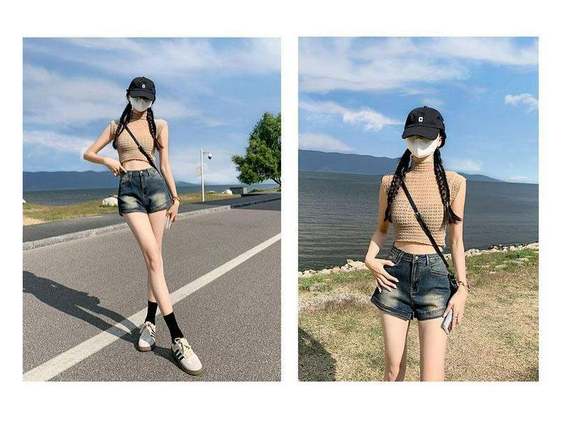 Women's Retro Distressed High-Waisted Denim Shorts - American Ins Style, Stretchy A-Line Bodycon Hot Pants