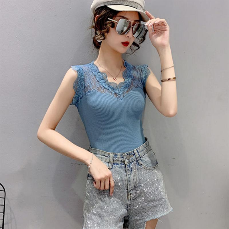 Summer V-neck Lace Stitching Pullover Sleeveless T-shirt Women's Ice Silk Vest Suspenders Slim Women's Knitted Bottoming Shirt