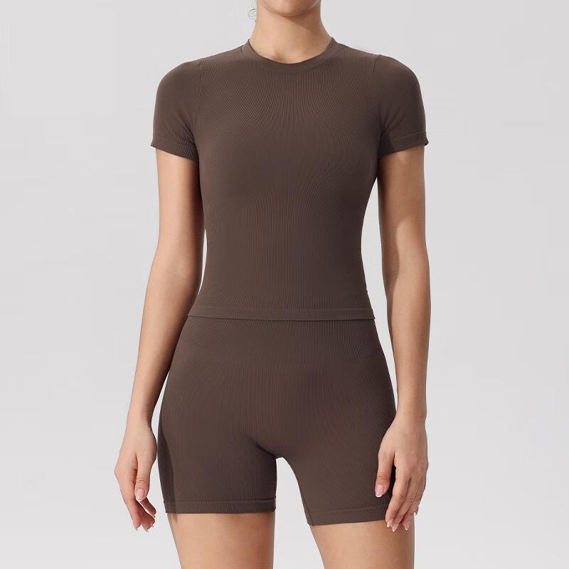 Women's Seamless Yoga Set - Short Sleeve Top & High-Waisted Shorts