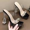 2025 new beautiful crystal thick heel transparent rhinestone cool slippers versatile super high heel women's shoes waterproof table sandals women