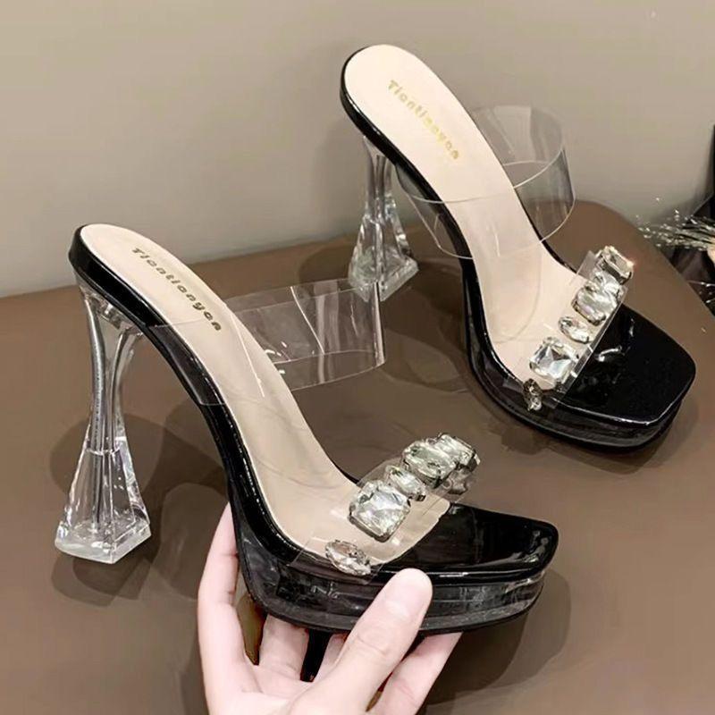 2025 new beautiful crystal thick heel transparent rhinestone cool slippers versatile super high heel women's shoes waterproof table sandals women